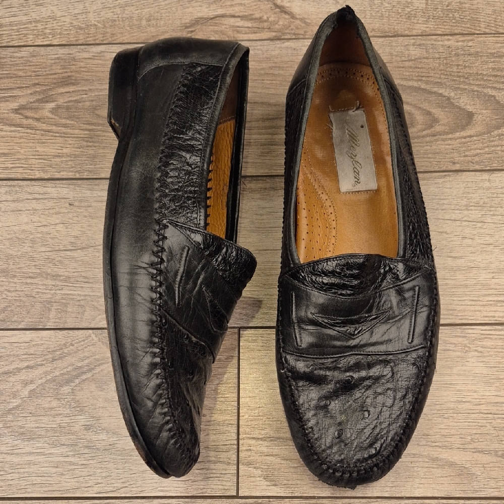 MEZLAN Mario‎ Black Ostrich Pattern Leather Sz 11.5 US Mens Loafers Shoes VTG